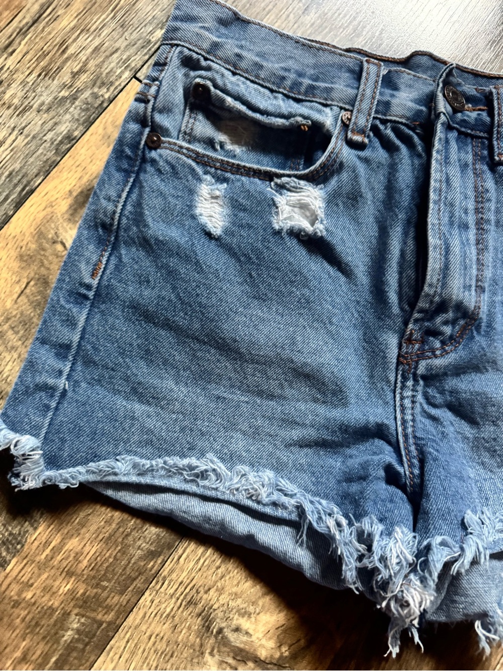 Frayed Hem Light Blue Denim Jean Shorts - Picture 2 of 5